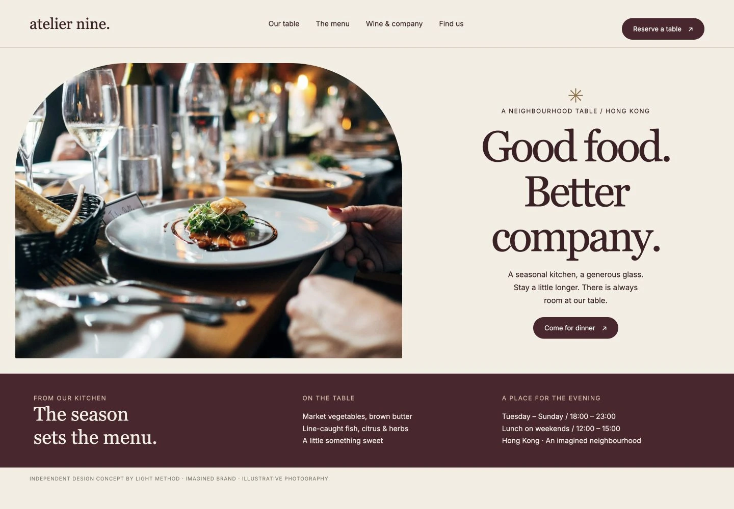 Atelier Nine restaurant homepage with an arched food photograph, elegant serif typography and burgundy menu section