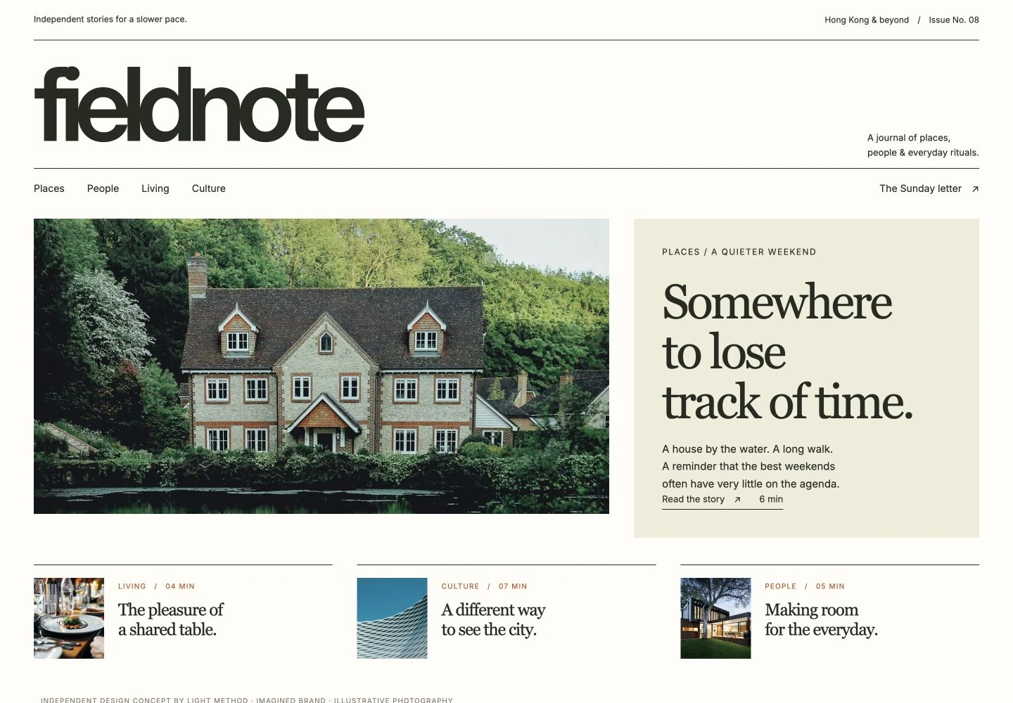 Fieldnote magazine homepage with a bold masthead, countryside photography and an editorial story grid